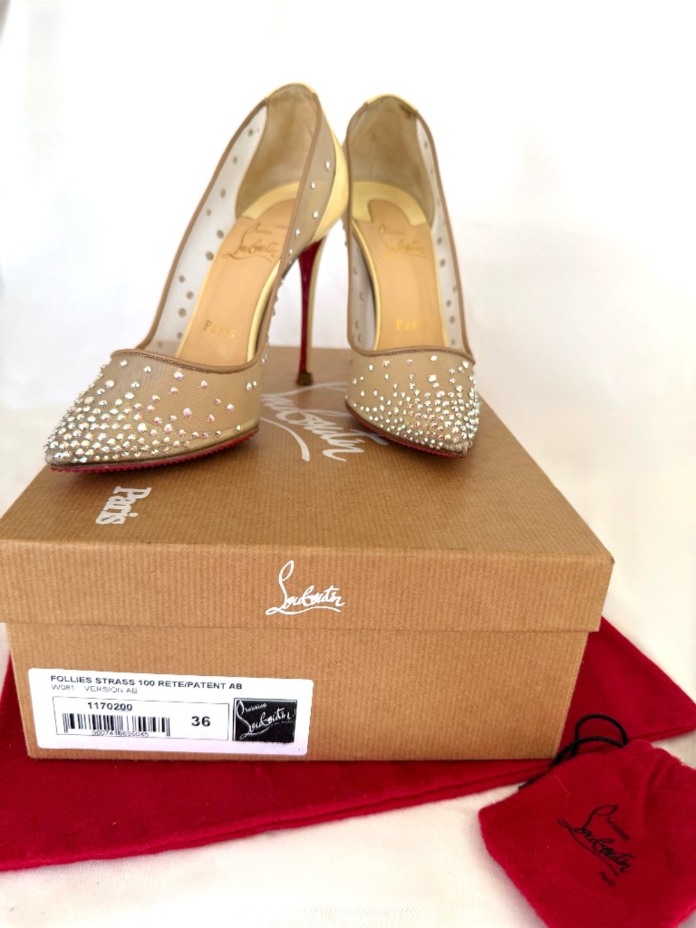 CHRISTIAN LOUBOUTIN Mesh Jeweled Pointed Toe Pumps Ivory Size 36